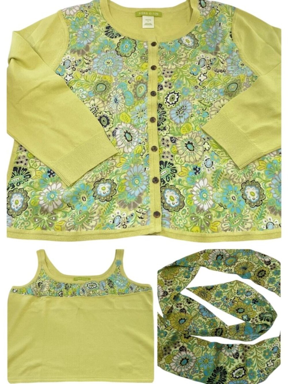 Sigrid Olsen Knit Cardigan Tank Top Scarf Set PL Lime Green Floral Cottagecore